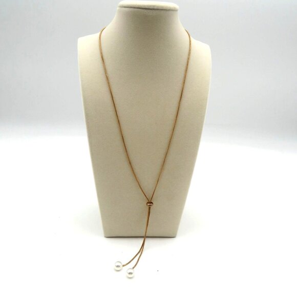 Lariat Necklace Gold Tone 24" Adjustable Imitation Pearl Drops - Picture 1 of 6